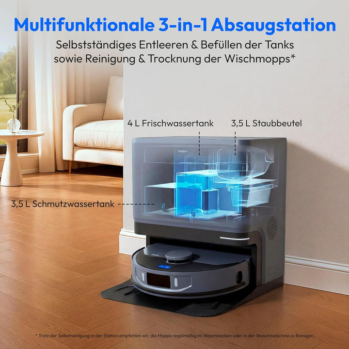 MEDION Saugroboter mit 3-in-1 Absaugstation, Lasernavigation und Wischfunktion X55 SW+ Pro (Starke 1