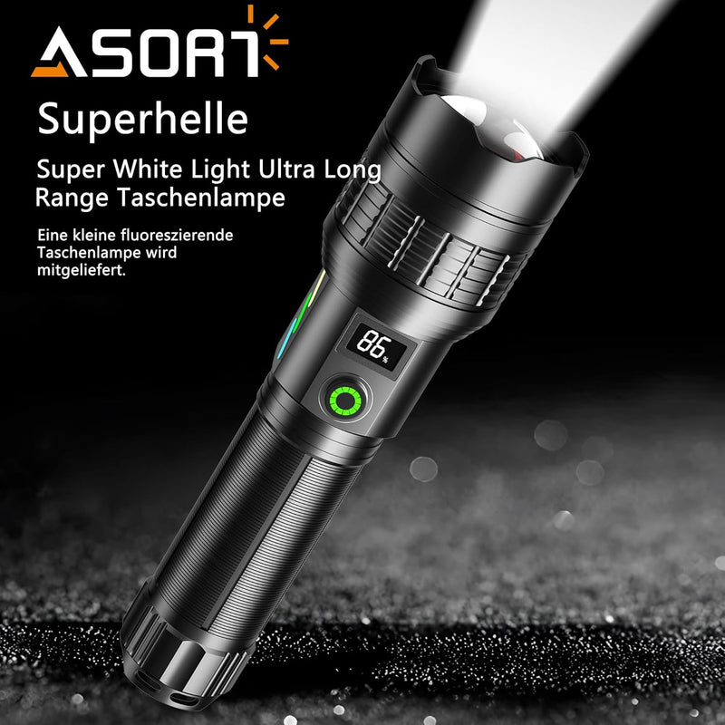 ASORT LED Taschenlampe Aufladbar, Extrem Hell 500000 Lumen, Zoombare, 6 Modi, IP67 Wasserdicht, Perf