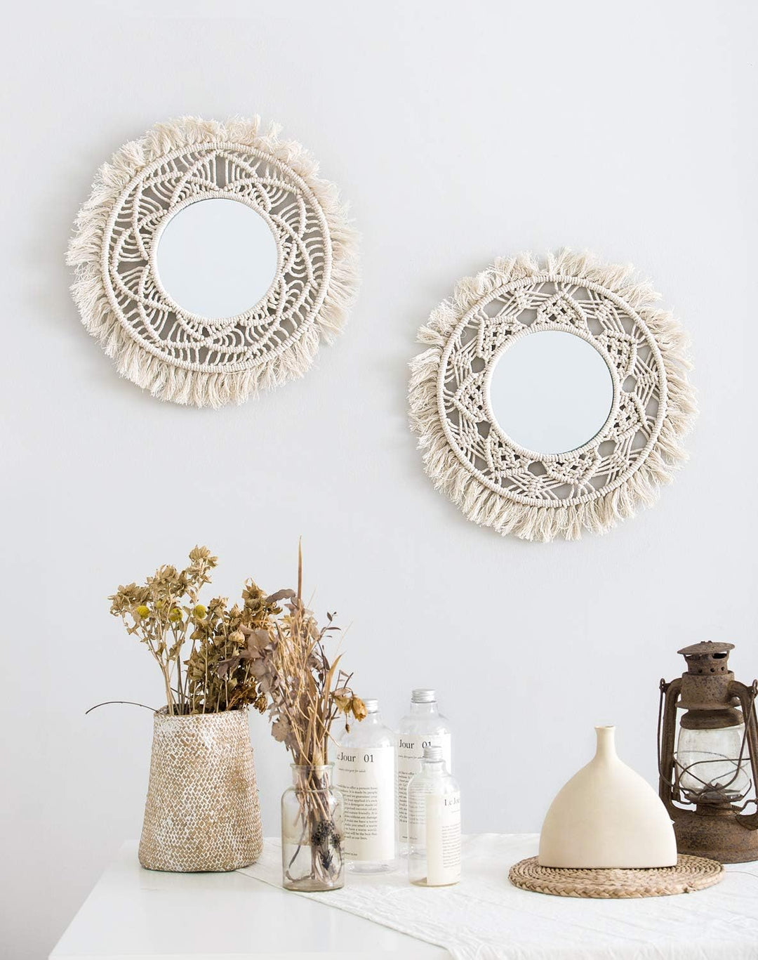Mkouo 2er Set Hängender Wandspiegel mit Makramee-Rund Decorative Spiegel Wanddeko Klein Boho Style f