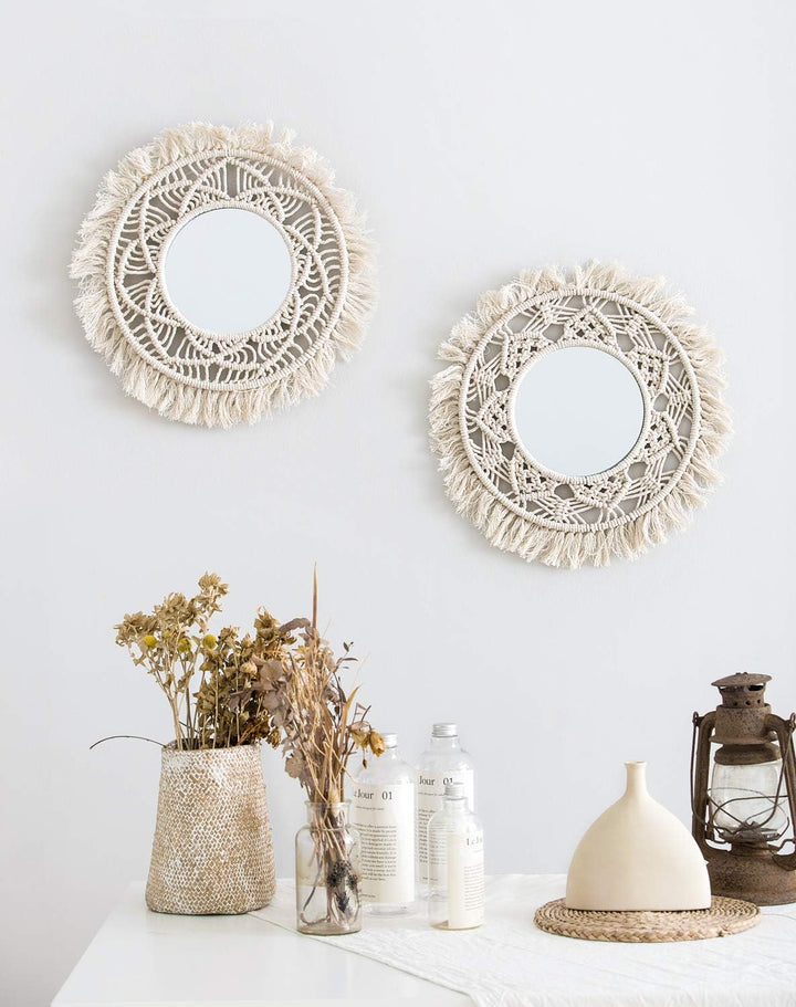 Mkouo 2er Set Hängender Wandspiegel mit Makramee-Rund Decorative Spiegel Wanddeko Klein Boho Style f