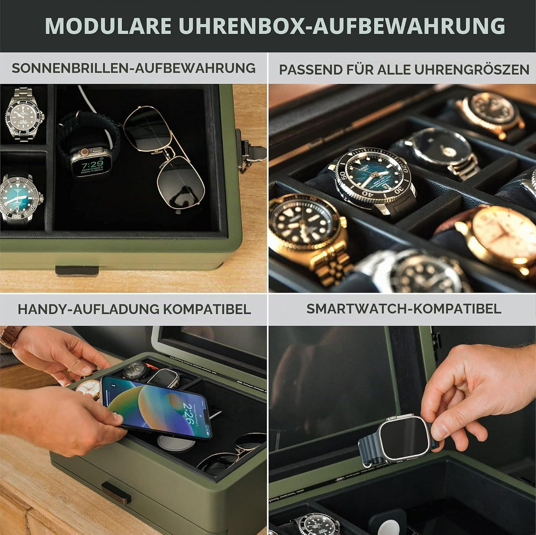 CASE ELEGANCE Militäruhrenbox mit 10 Fächern für Herren, Echtglasplatte, modulares Valet-Tablett, Ap