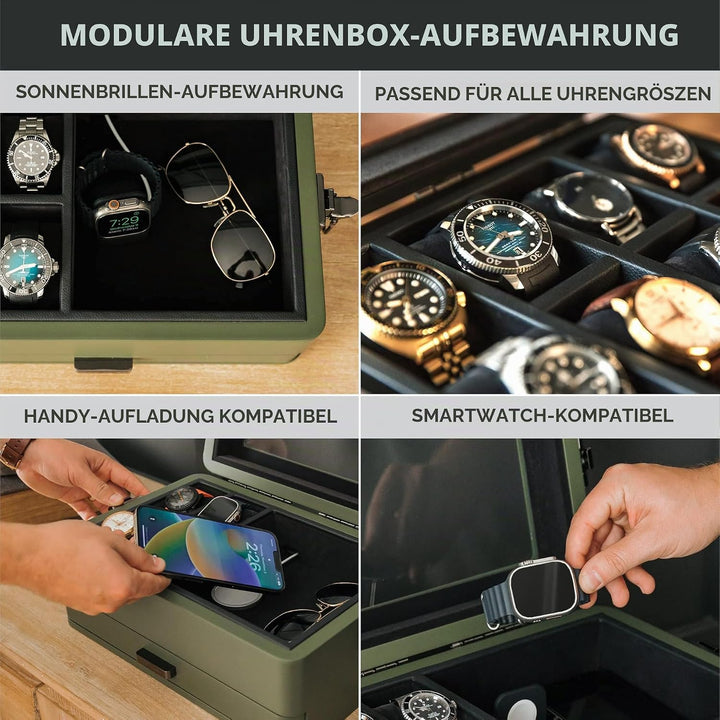 CASE ELEGANCE Militäruhrenbox mit 10 Fächern für Herren, Echtglasplatte, modulares Valet-Tablett, Ap