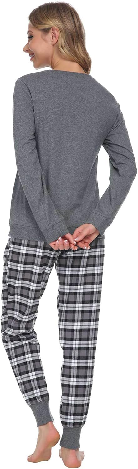 Mnemo Schlafanzug Damen 100% Baumwolle Bequemer Pyjama Damen Baumwolle mit Karomuster S Grau & Schwa