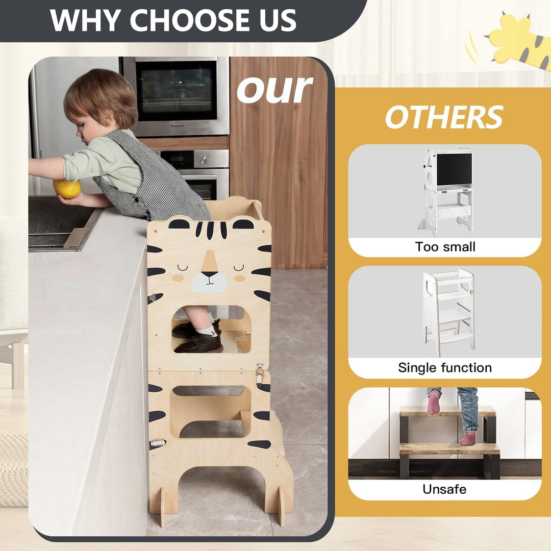 labebe lernturm für Kinder, klappbar Montessori Learning Tower, 3 in 1 lernstuhl Kinder mit Message