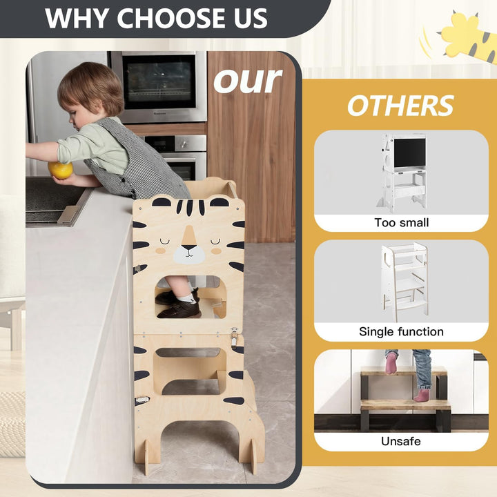 labebe lernturm für Kinder, klappbar Montessori Learning Tower, 3 in 1 lernstuhl Kinder mit Message