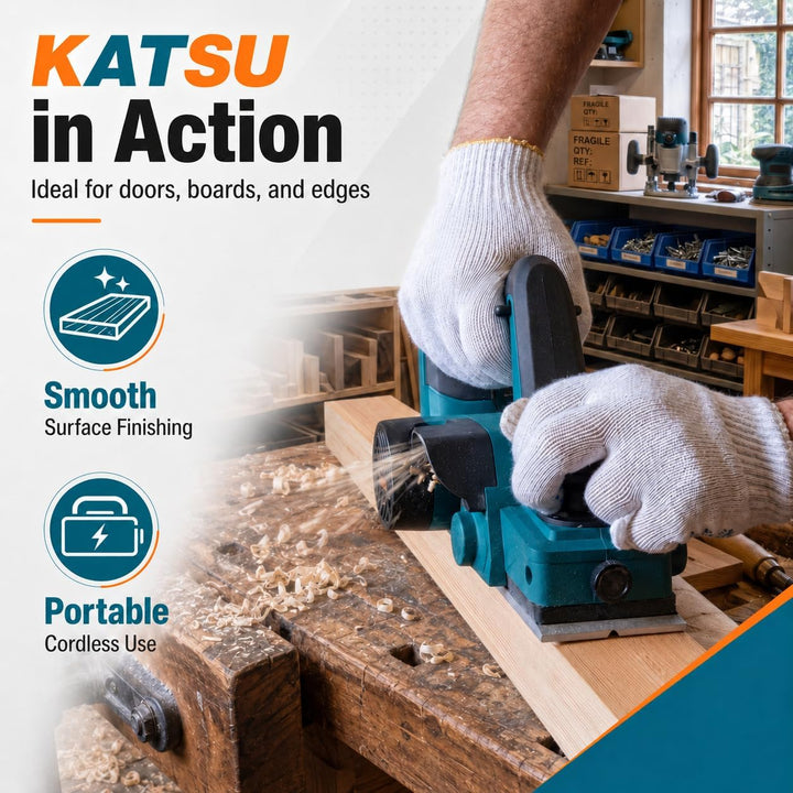 KATSU FIT-BAT 21V Akku Hobel, Elektrischer Handhobel mit 82mm Hobelbreite, bis 2mm Spantiefe, 15000R