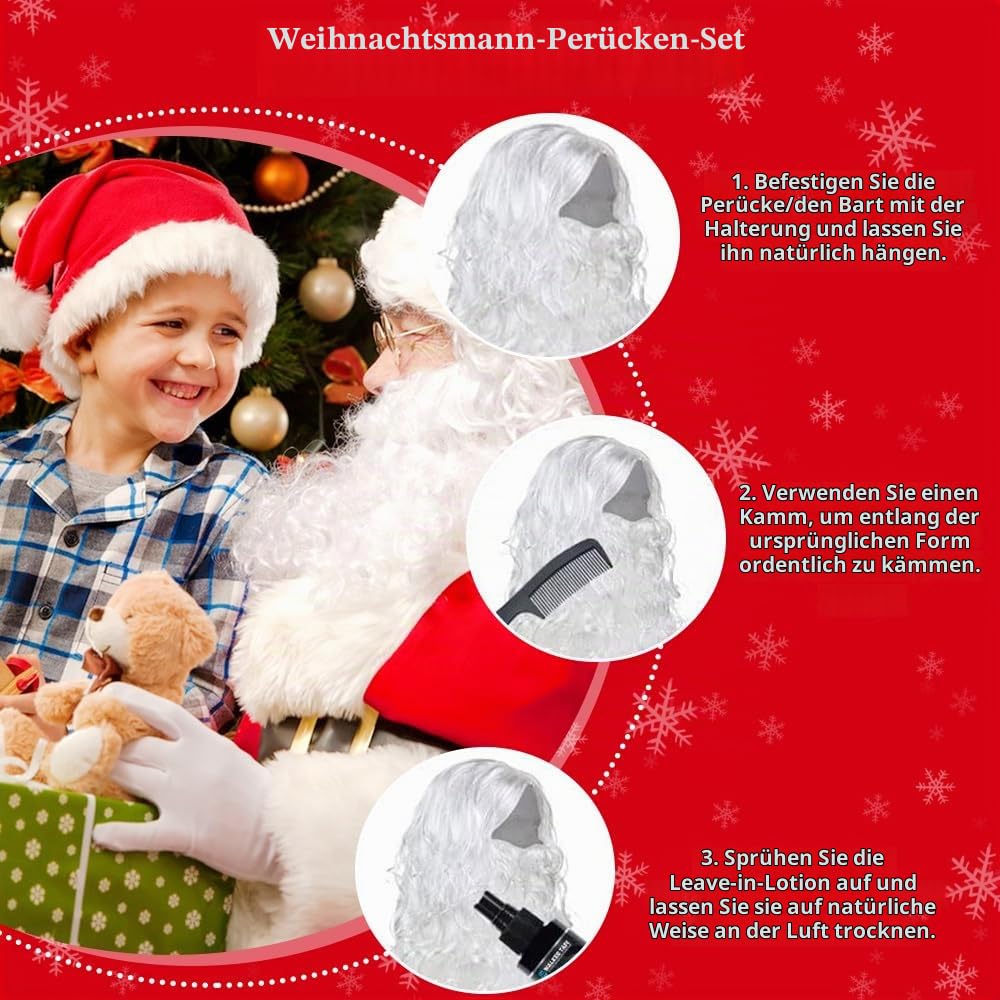 Weihnachtsmannbart + Perücke Weihnachtsmann + Brille, Nikolausbart Bart weiss Weiss - Perücke Santa
