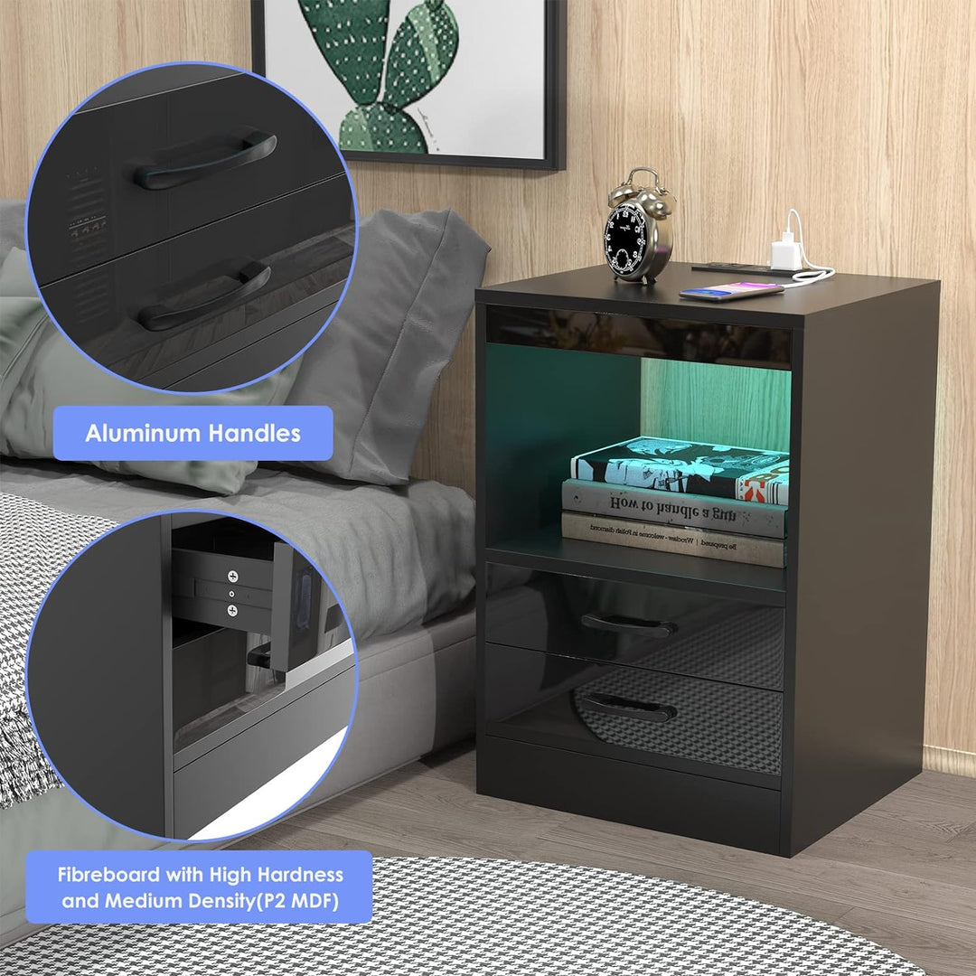 Lvhecforhm Nachttisch Schwarz mit LED-Beleuchtung, Nachttisch mit 2 AC-Steckdosen, 2 USB-Anschlüsse,