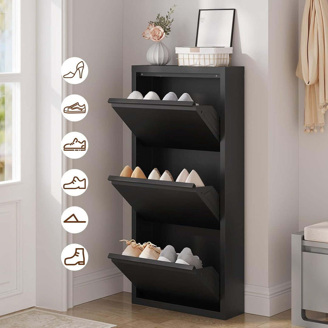 WOLTU Schuhschrank, mit 3 Klappen, Schuhregal, Schuhkipper, für 9 Paar Schuhe, aus Metall, für Flur