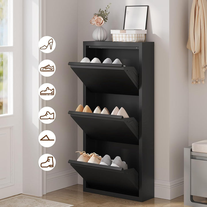 WOLTU Schuhschrank, mit 3 Klappen, Schuhregal, Schuhkipper, für 9 Paar Schuhe, aus Metall, für Flur