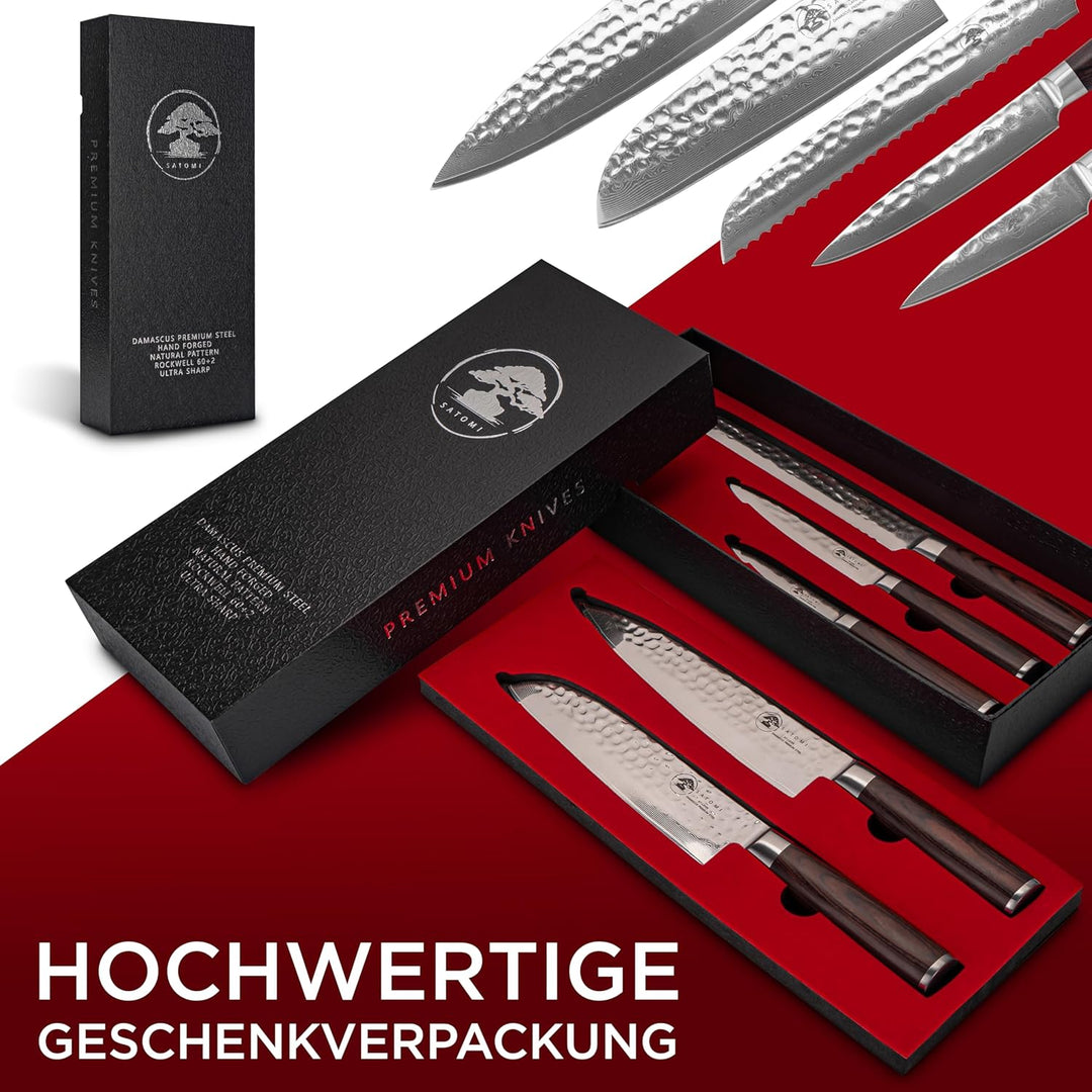 SATOMI® 5er Set Damastmesser Küchenmesser aus Damaststahl - 67 Schichten traditionell Japanischer St