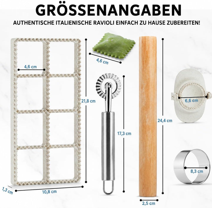 Ravioli Maker Set, 5-teilig, 8er Ravioliform mit Nudelholz &amp; Teigrädchen, 5-Teilig