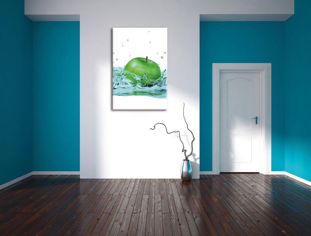 Pixxprint Grüner Apfel fällt in Wasser als Leinwandbild/Grösse: 100x70 cm/Wandbild/Kunstdruck/fertig