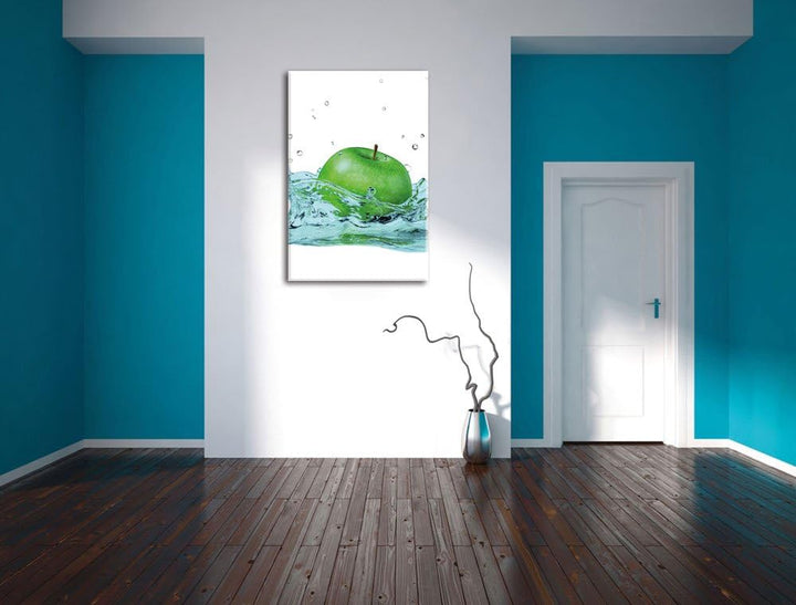 Pixxprint Grüner Apfel fällt in Wasser als Leinwandbild/Grösse: 100x70 cm/Wandbild/Kunstdruck/fertig