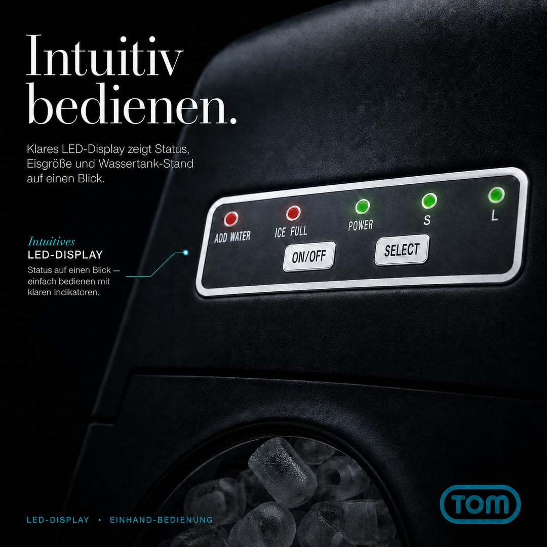 TOM Eiswürfelmaschine – 9 Eiswürfel in 6-8 min – 12 kg/24 h – 2 Würfelgrössen – Ice maker Eiswürfelm
