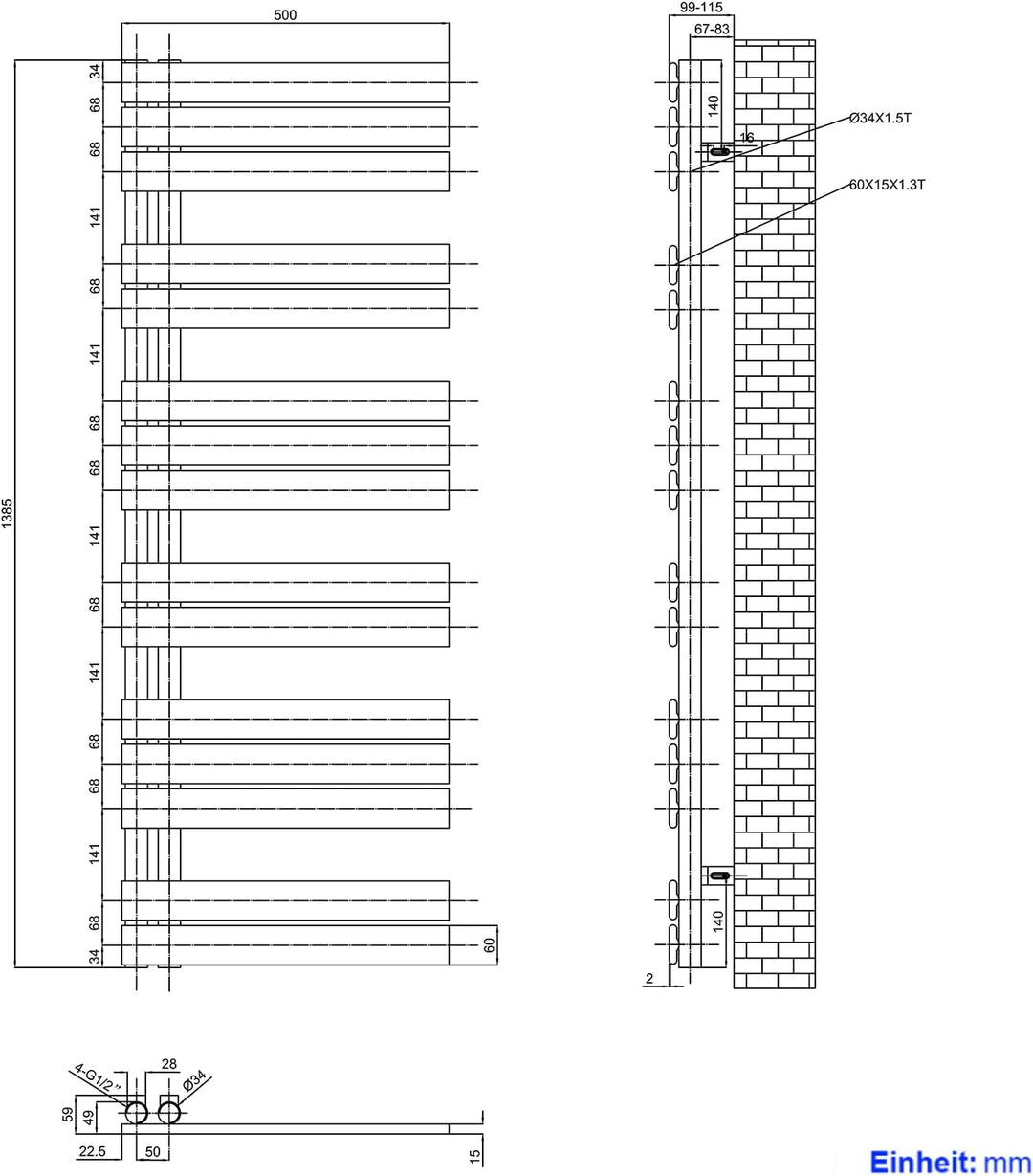 Heilmetz Badheizkörper Anthrazit Handtuchtrockner Heizung 500 x 1385 mm Bad Heizkörper Handtuchheizk