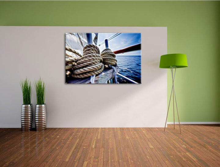 Tau Seile auf Boot abstrakt Format: 120x80 auf Leinwand, XXL riesige Bilder fertig gerahmt mit Keilr