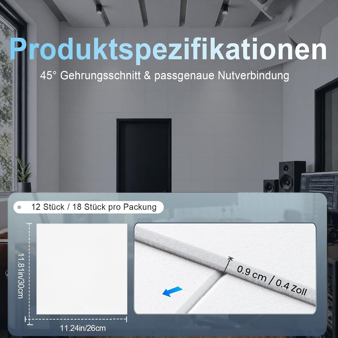 Akustikpaneele Selbstklebend für Wänd - Schallschutz Filz Wandpaneele 18-pack Weiss Quadratisch, 18-