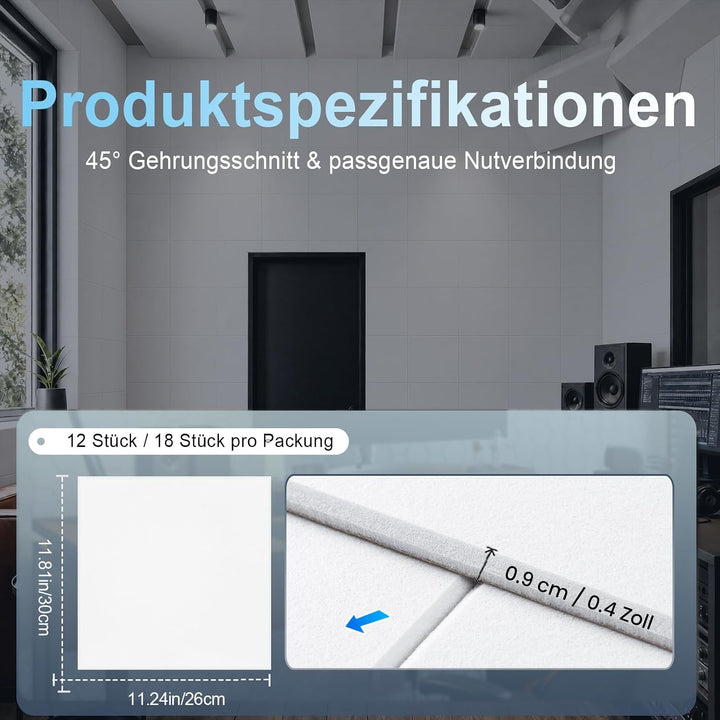 Akustikpaneele Selbstklebend für Wänd - Schallschutz Filz Wandpaneele 18-pack Weiss Quadratisch, 18-