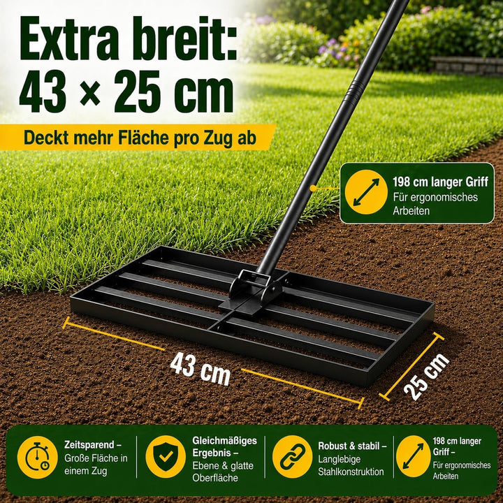 Rasen-Nivellierungsrechen 198cm 43x25cm, Verstellbarer Rasenplanier-Rechen mit 119–198 cm Griff, 180