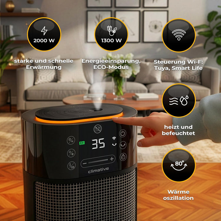 Keramik Heizlüfter mit Befeuchter 2000W Mistiq WiFi 80° Oszillation ECO Modus Timer 24h Elektroheizu
