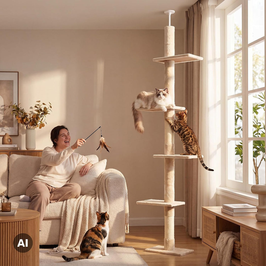 Fudajo Kratzbaum deckenhoch 230–276 cm in Beige, Katzenkratzbaum mit 4 Ebenen, Katzenbaum Deckenspan