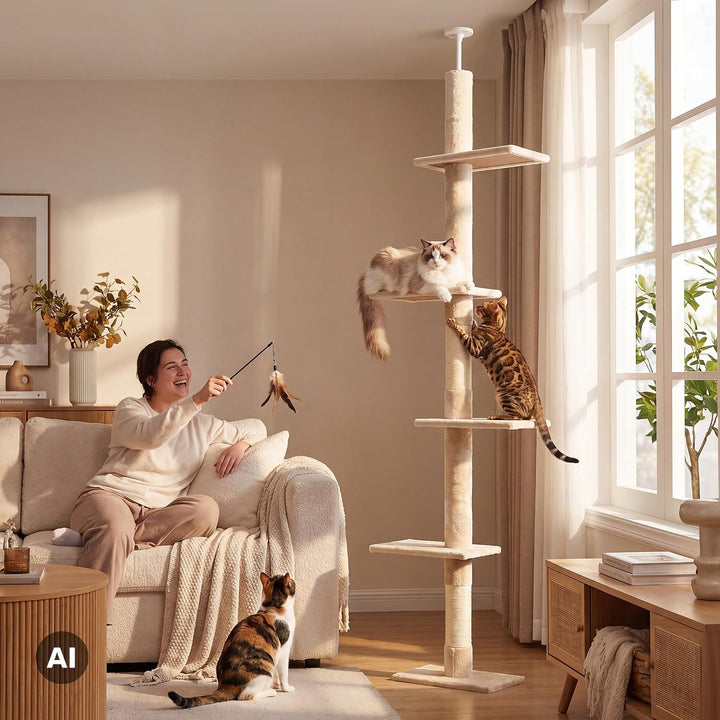 Fudajo Kratzbaum deckenhoch 230–276 cm in Beige, Katzenkratzbaum mit 4 Ebenen, Katzenbaum Deckenspan