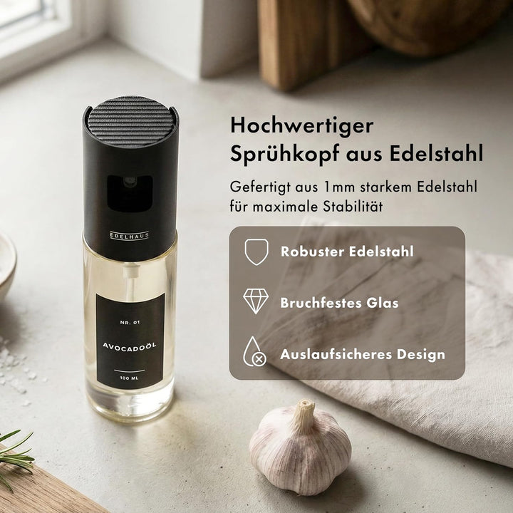 Ölsprüher 2er Set - Hochwertige Öl-Sprühflasche aus Edelstahl & Glas, für gesundes Kochen I Sprüher