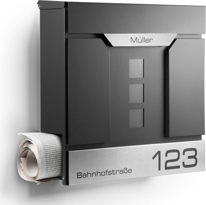 Moderner Briefkasten Personalisierbar Madrid Anthrazit RAL7016 - mit Zeitungsfach - Wandbriefkasten