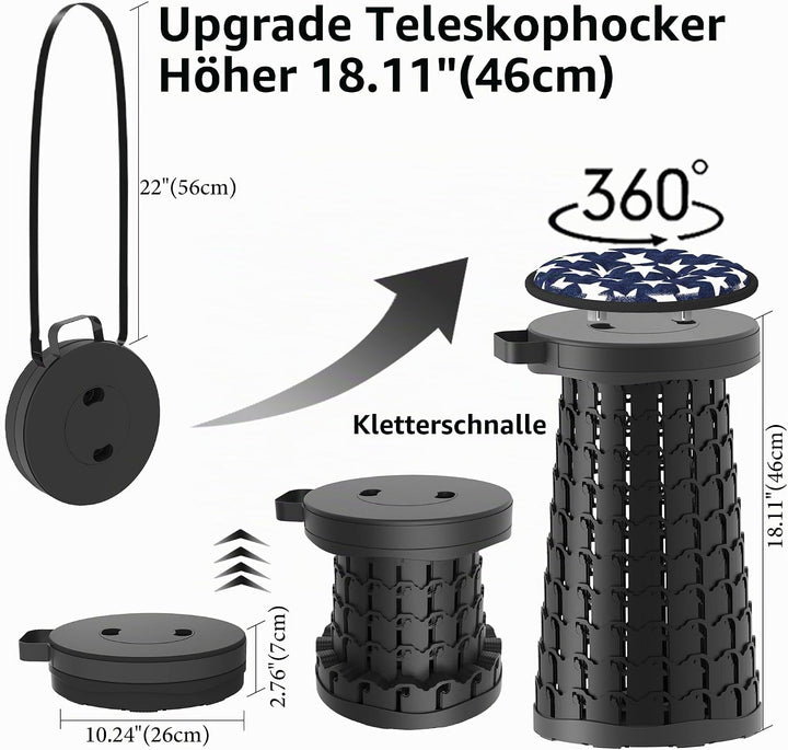 Tragbarer klapphocker mit Kissen,Campinghocker faltbar,teleskophocker Faltbarer für Erwachsene für W