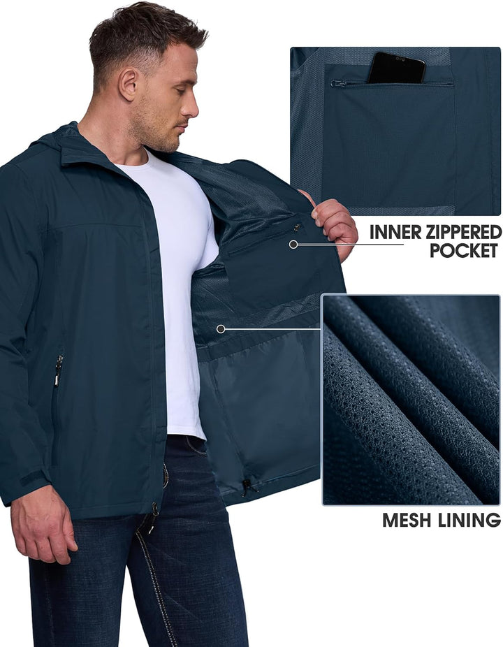 Regenjacke Herren Wasserdicht Atmungsaktiv, Packbar Fahrrad Jacke Leichte Windbreaker zum Freizeit W
