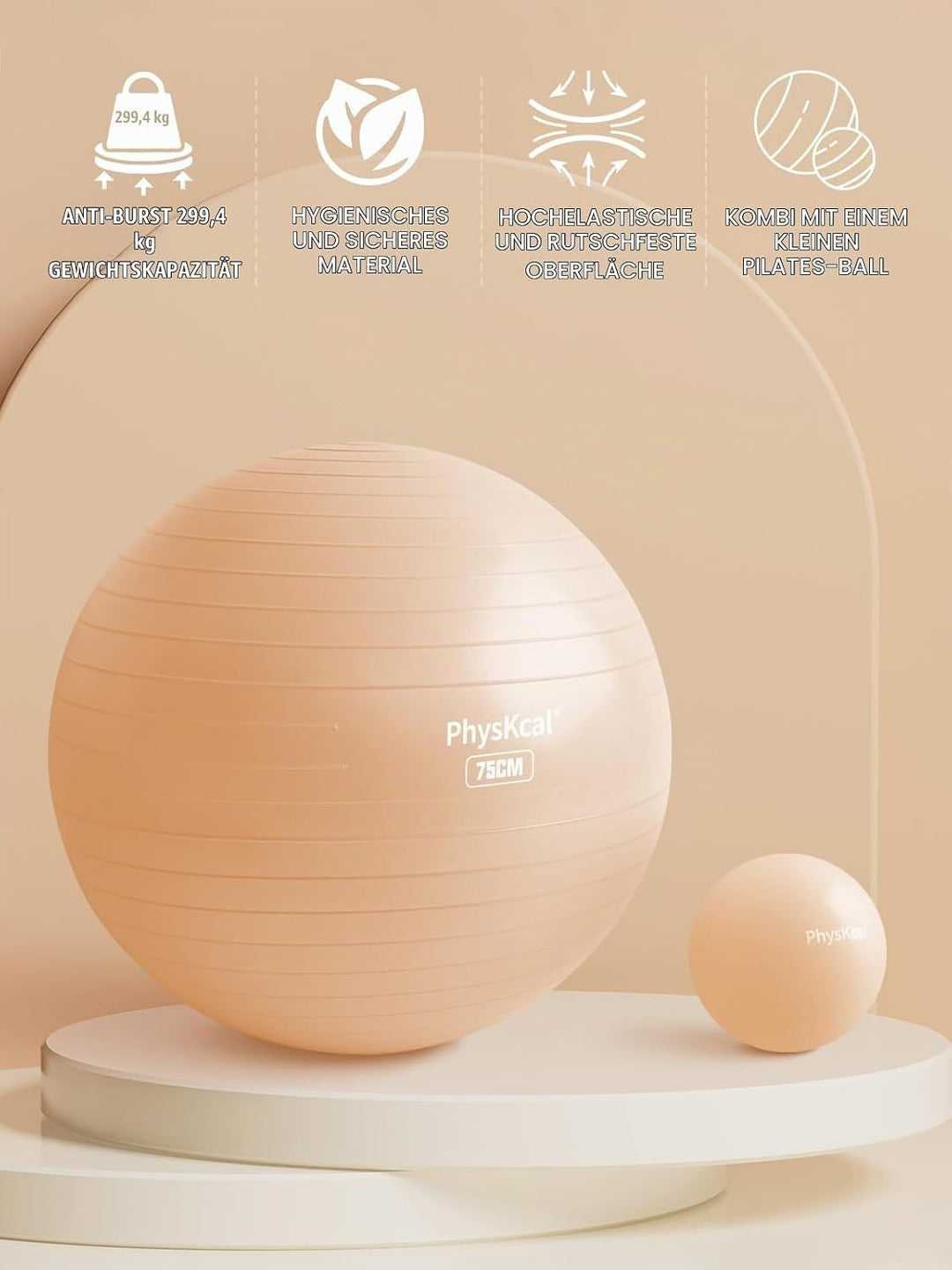 PhysKcal Gymnastikball in 55cm bis 85cm und 23 cm Pilatesball Set inkl. Luft-Pumpe | Berstschutz Gym