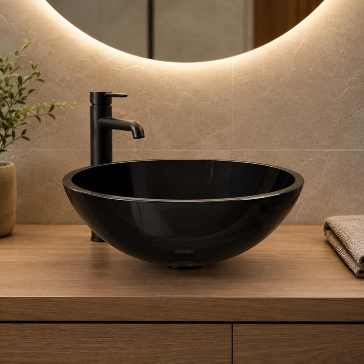 Art-of-Baan Premium Waschbecken rund - edles Aufsatzwaschbecken - schwarz Glas Becken für Waschtisch