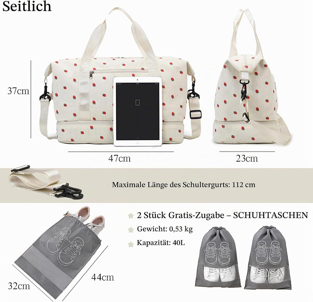 Sporttasche Reisetasche Damen, 40L Weekender Travel Duffle Bag mit 2 schuhbeuteln, Schuhfach &amp; Nassf