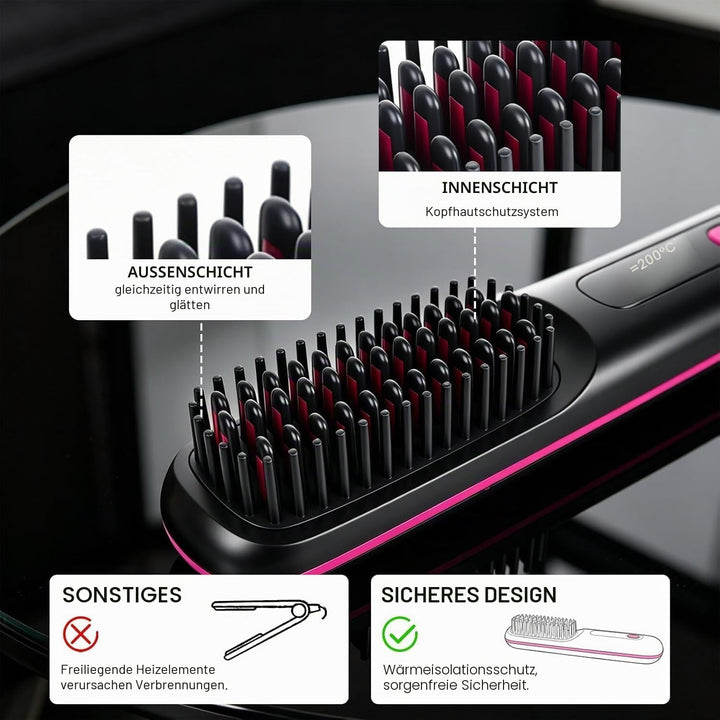 Glättbürste Kabellos, 2026 Neu Haarglätter Bürste, Stylingbürste für Kurze Haare Langes, Tragbare Ha
