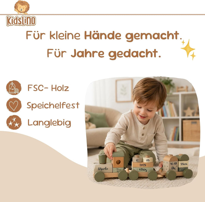 Personalisierte Holzeisenbahn Olivgrün – Personalisierte Geschenke Baby I Steckspielzeug I Geschenk