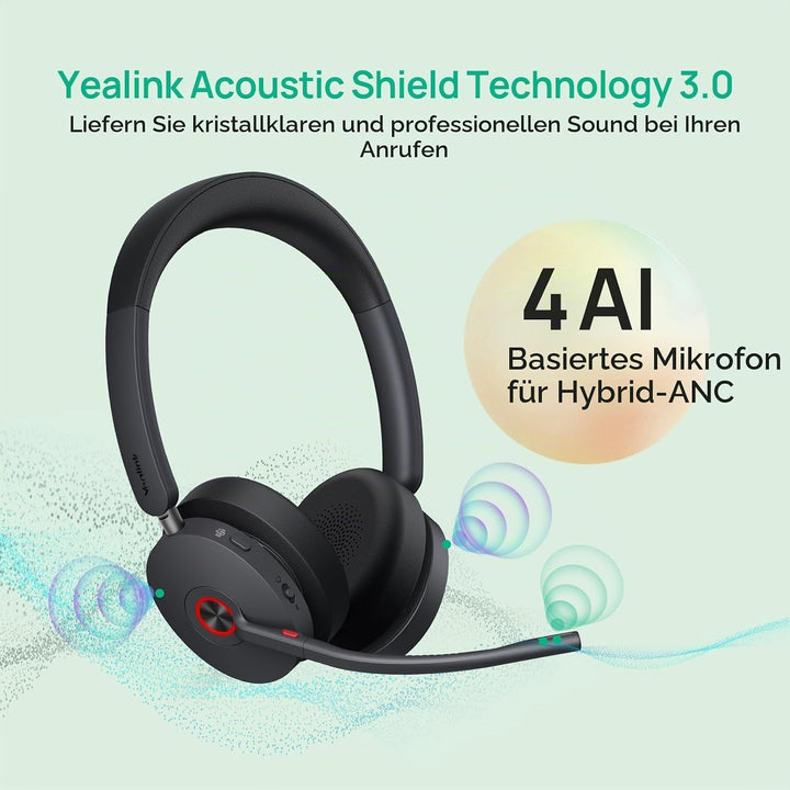 Yealink WH68 ANC DECT Kabelloses Headset mit Mikrofon, 4X AI-Mic mit Geräuschunterdrückung, 185m Rei