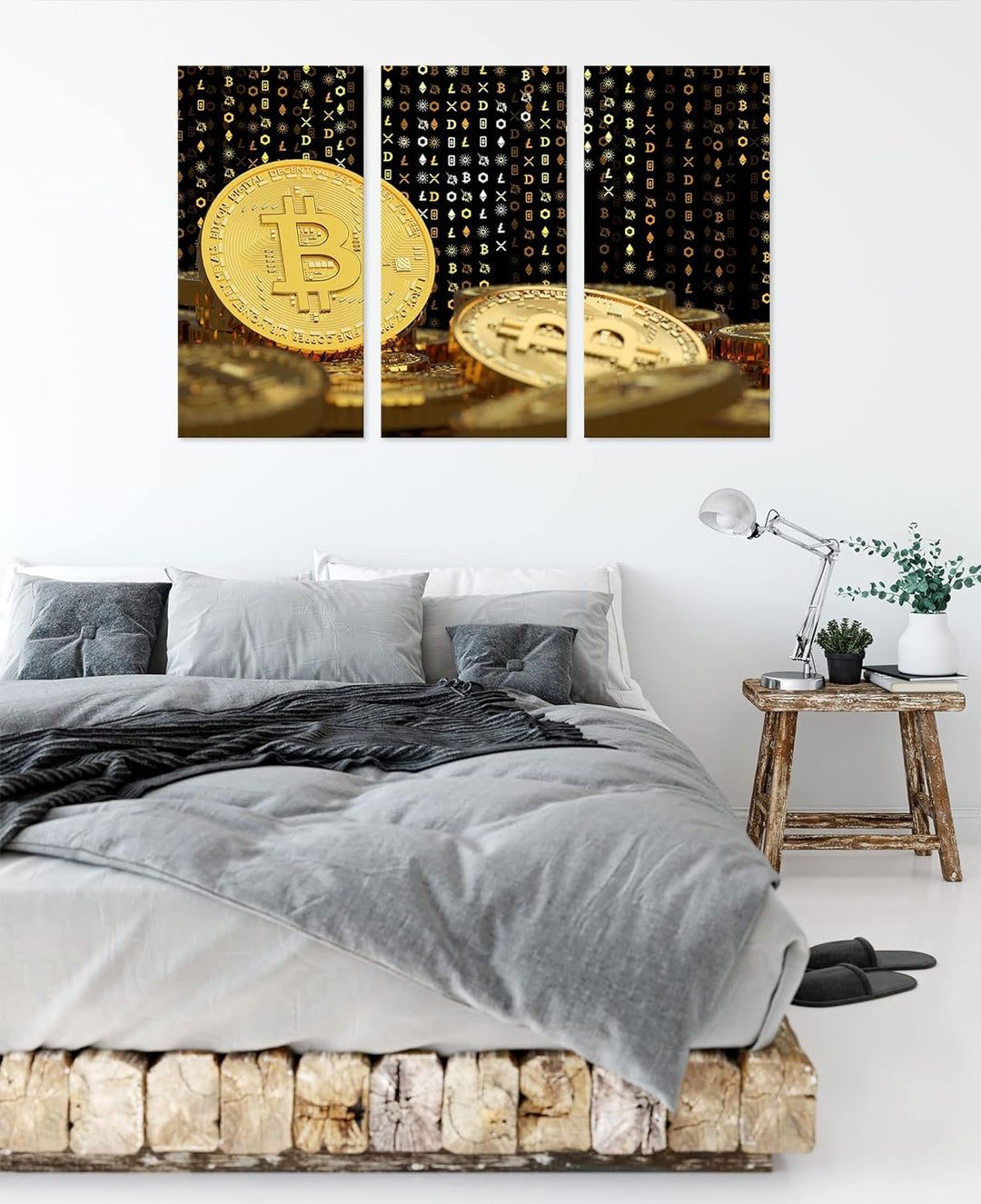 Bitcoin BTC Kryptowährung als Leinwandbild 3 teilig | Grösse: 120x80 cm | Wandbild | Kunstdruck | fe