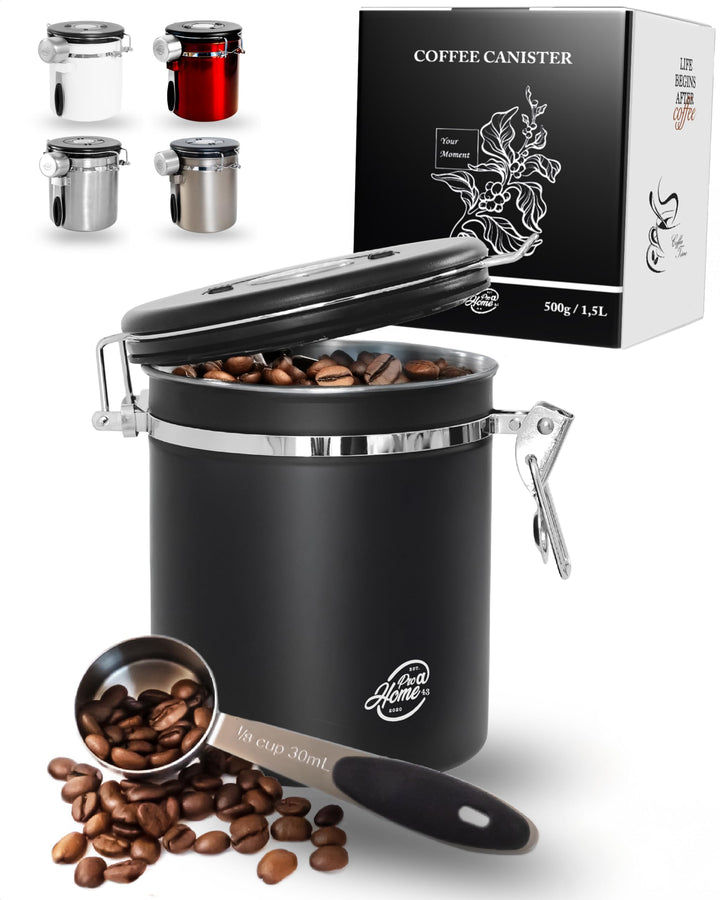 Kaffeedose luftdicht 500g - Schwarz - Kaffeebohnen Vorratsbehälter 1,5L aus Edelstahl mit Kalenderfu