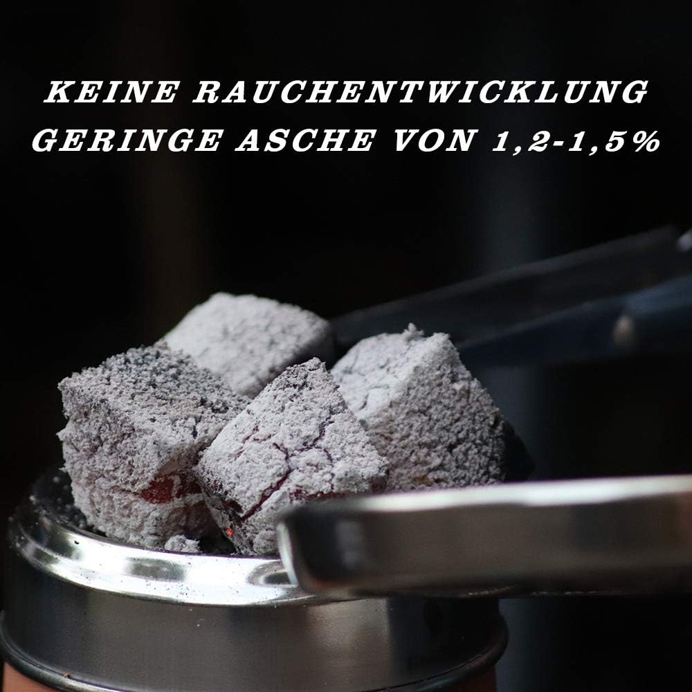 Kokosnuss Kohle mit Langer Brenndauer I 25x25mm Nachhaltige Naturkohle I wenig Asche I geringer Rauc