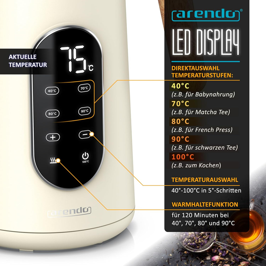 Arendo - Edelstahl Wasserkocher mit Temperatureinstellung 40-100°C - Doppelwand Design Cool Touch -