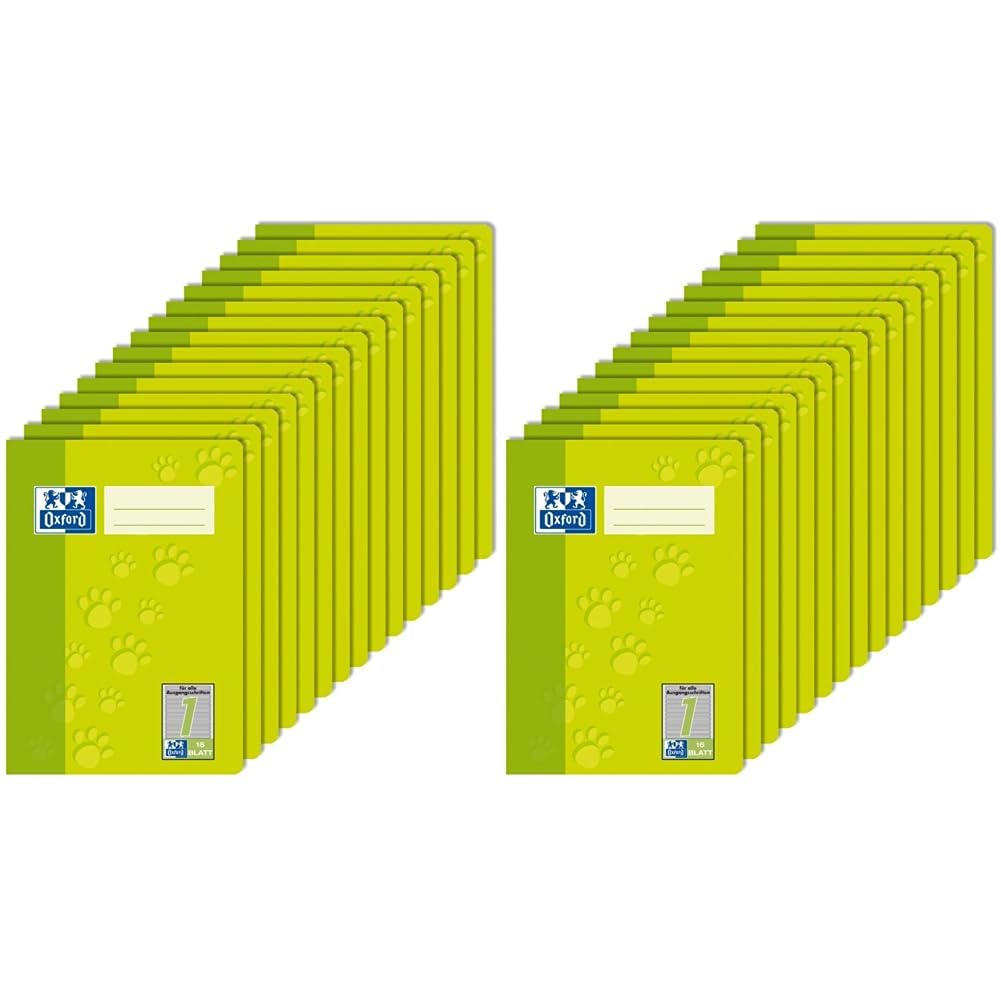 Oxford Schulheft A5, Lineatur 1, 16 Blatt, grün mit Tatzen, 15 Stück (Packung mit 2) 16 Blatt (Packu