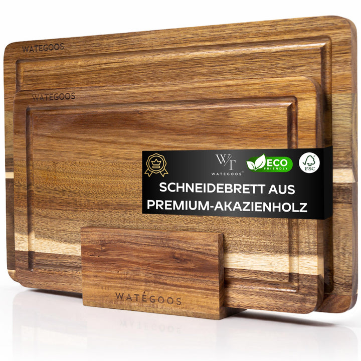Schneidebrett aus Akazienholz mit Halter – 2 Holz Schneidebretter gross und klein – umweltfreundlich