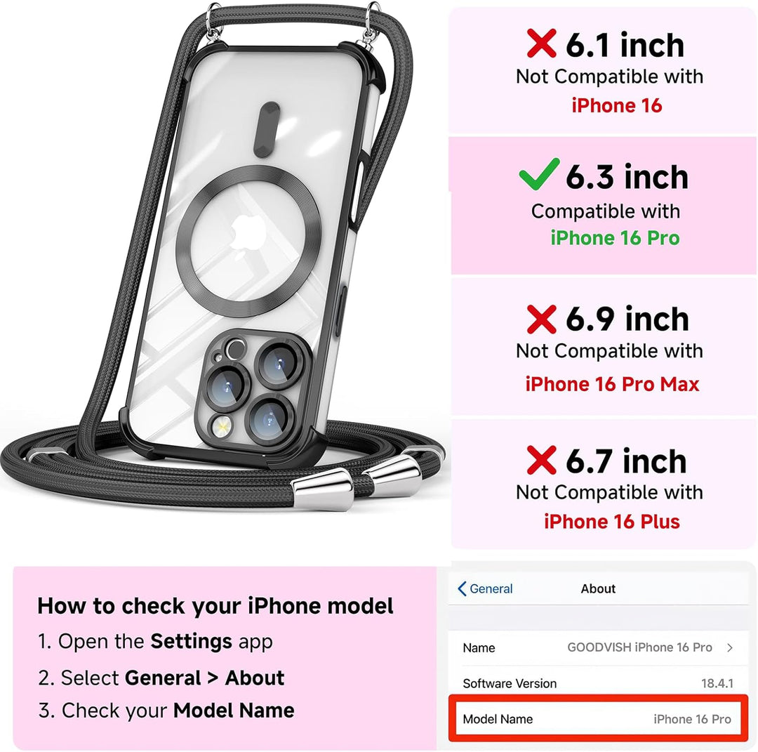 GOODVISH Handykette für iPhone 16 Pro Hülle mit Band, mit 2 Stück Schutzfolie, Necklace Handyhülle m