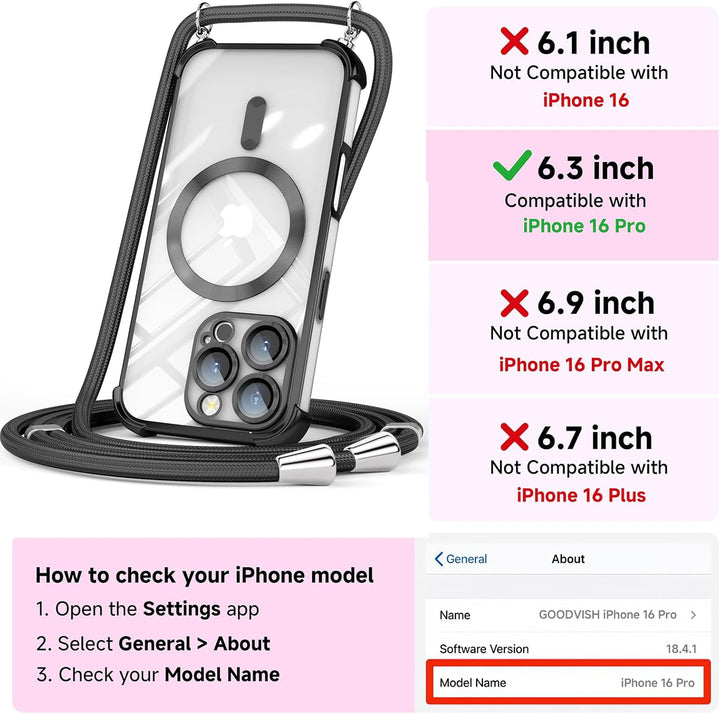 GOODVISH Handykette für iPhone 16 Pro Hülle mit Band, mit 2 Stück Schutzfolie, Necklace Handyhülle m