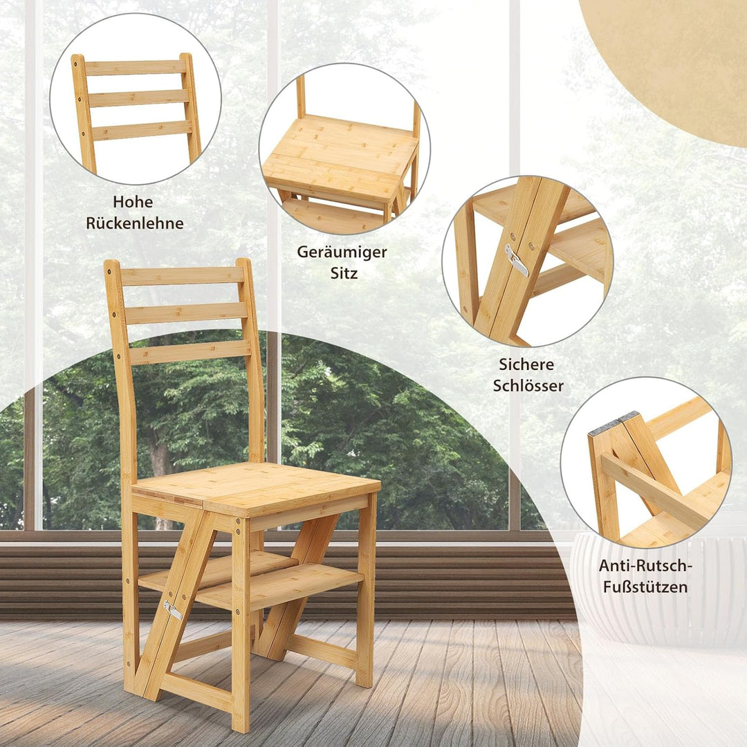 RELAX4LIFE klappbarer Leiterstuhl, Bibliotheksleiter Bambus, 3-stufiger Tritthocker mit Sicherheitss