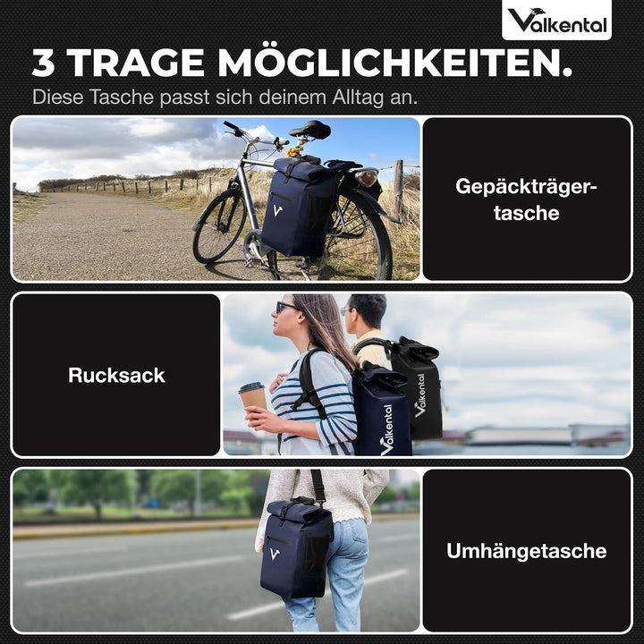 Valkental® 3in1 Fahrradtasche [Bis 25L] - Das Original - Geeignet als Gepäckträgertasche, Rucksack u
