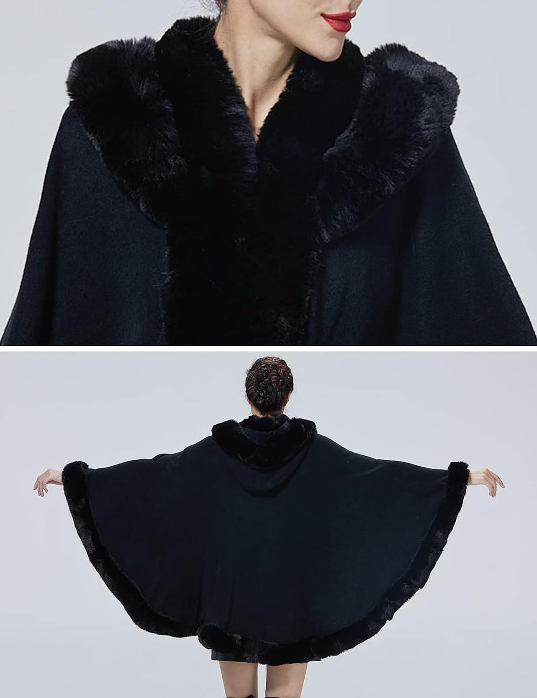 BEAUTELICATE Damen Kunstpelz Strick Poncho Cape Warm Umhang Gestrickt mit Kapuze Cardigan Brautjacke