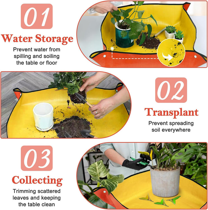 2 Stück Umtopfmatte zum Umpflanzen von Pflanzen, 99cm grosse Gartenmatte und 66cm orangefarbene Topf