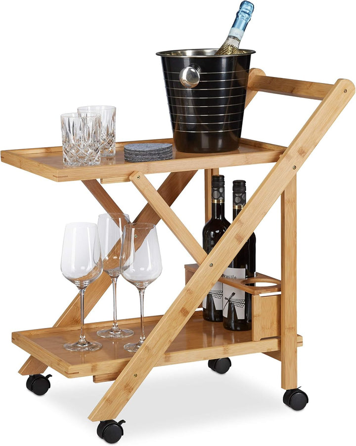 Relaxdays Küchenwagen Bambus, Servierwagen klappbar mit Flaschenhalter, Rollwagen Holz, HxBxT: 70 x